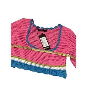 Nasty Gal Pink Crochet Knit Long Sleeve Crop Top Stripe Stitch Detail New